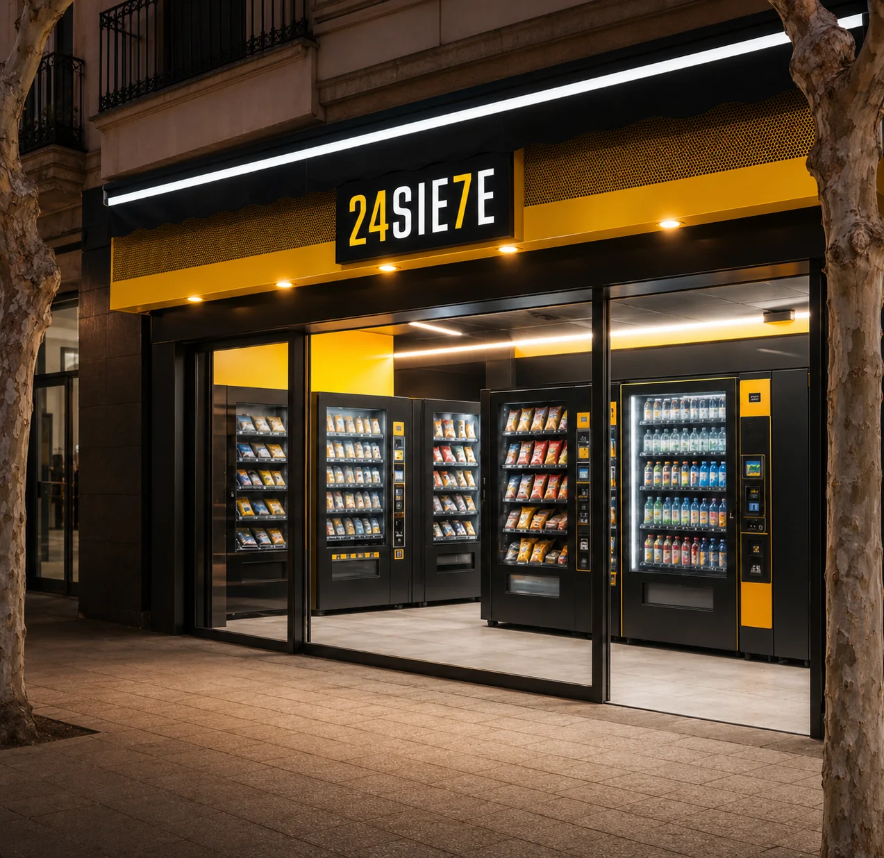 Fachada de una tienda 24SIE7E con el rótulo integrado y máquinas de bebidas y snacks